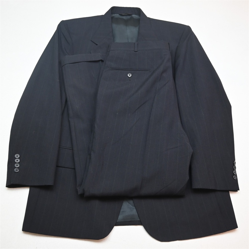 Vtg Mens 43R 36x30 Navy Blue Striped Wool Mens Jacket Pants Suit